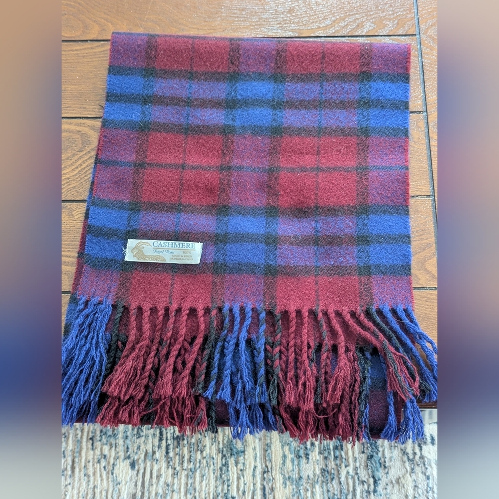 Royal Rossi Cashmere Scarf Fringe Red Blue And Purple Plaid Tartan.